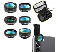 QGGTQG Kit d'objectifs 6 en 1 pour téléphone portable - Objectif fisheye 205 ° - Objectif grand angle 140° - Objectif macro (25x), filtre étoilé ND32/CPL - Pour iPhone, Samsung et la plupart des