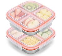QGGTQG Lot de 2 boîtes à goûter avec 4 compartiments - En acier inoxydable - 600 ml - Étanche - Avec couvercle - Réutilisable - Pour fruits, légumes, viande, bonbons, noix (blanc)