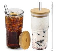 QGGTQG Lot de 2 gobelets en verre nervuré avec couvercle et paille - 600 ml - Gobelets à smoothie - Gobelets en verre nervurés avec pailles en verre et brosses de nettoyage pour lait, café glacé