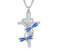QGJNSGC Collier urne en forme de libellule pour cendres, croix infinie, bijou de crémation en cristal en acier inoxydable, bijou souvenir pour homme et femme, Acier inoxydable, Cristal