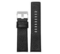 Qgsaghty Bracelet de montre en cuir de vachette 22/24/26/27/28mm pour homme, boucle ardillon argentée, grain Litchi, Noir, 28mm