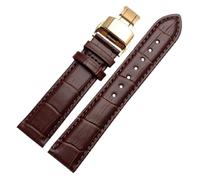 Qgsaghty Bracelet en cuir marron de 12 à 28mm avec coutures marron et boucle papillon dorée., Brun, 20mm