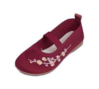 Qgtxf Femmes Casual Mary Jane Moquettes Plates Douces Respirantes Chaussures de Fleurs Brodées Slip on Chaussures Marche(Red,44 EU)