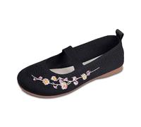 Qgtxf Femmes Casual Mary Jane Moquettes Plates Douces Respirantes Chaussures de Fleurs Brodées Slip on Chaussures Marche(Black,38 EU)
