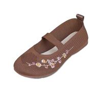 Qgtxf Femmes Casual Mary Jane Moquettes Plates Douces Respirantes Chaussures de Fleurs Brodées Slip on Chaussures Marche(Coffee,41 EU)