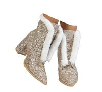 Qgtxf Femmes Paillettes Bottes À Cheville Boutières Talon Glitter Block Sparkly Faux Fur Lace Up Pointed Toe Chaussures Mariage Bridal Party Soirée Chaussures de Bal(Gold,37 EU)