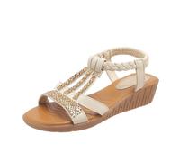 Qgtxf Femmes Sandales À Coin Bas Open Toe T-Strap Strass Perles Chaussures de Plage Slip On Sandale Bracelet Cheville avec Arch Support(White,39 EU)