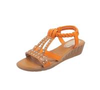 Qgtxf Femmes Sandales À Coin Bas Open Toe T-Strap Strass Perles Chaussures de Plage Slip On Sandale Bracelet Cheville avec Arch Support(Orange,35 EU)