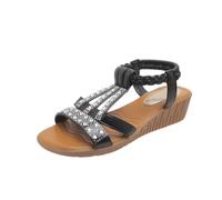 Qgtxf Femmes Sandales À Coin Bas Open Toe T-Strap Strass Perles Chaussures de Plage Slip On Sandale Bracelet Cheville avec Arch Support(Black,38 EU)