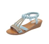 Qgtxf Femmes Sandales À Coin Bas Open Toe T-Strap Strass Perles Chaussures de Plage Slip On Sandale Bracelet Cheville avec Arch Support(Blue2,36 EU)