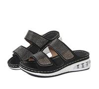 Qgtxf Pantoufles pour Femmes Platform Wedge Round Open Toe Strass Deux Sandales À Bracelet avec Coussin Air Chaussures Plage Slip-On(Black,43 EU)
