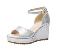 Qgtxf Sequin Wedge Sandales pour Femme Chaussures À Talons Hauts 10cm Plateforme Été Ouvrir Toe Bracelet À Cheville Robe Sandales(Silver,40 EU)