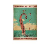 QGVBGF Poster rétro sur toile avec pieuvre nageant tout va vous tuer si choisir quelque chose d'amusant, décoration murale pour salon, chambre à coucher (60 x 90 cm)