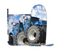 Qgwdyyjq Ensemble de gants de cuisine et maniques imprimés de tracteur agricole, gants résistants à la chaleur en silicone