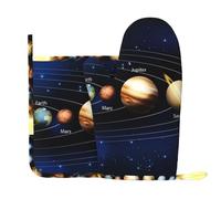 Qgwdyyjq Ensemble de gants de cuisine et maniques imprimés du système solaire en silicone résistant à la chaleur