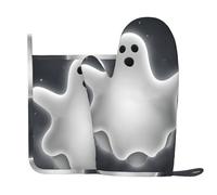 Qgwdyyjq Gants de cuisine et maniques imprimés fantômes noirs et d'Halloween en silicone résistant à la chaleur
