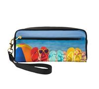 QGWDYYJQ Petite trousse de maquillage amusante en cuir véritable avec imprimé langue de mouton, Tongs sur une plage de sable, Taille unique