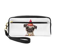 QGWDYYJQ Petite trousse de maquillage en cuir véritable avec imprimé teckel, Adorable chiot carlin avec inscription « Happy Birthday », Taille unique