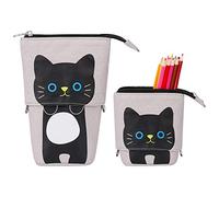 QH-Shop Trousse à Crayons Debout Télescopique Porte-Stylos Chat Mignon Multifonctionnelle Organiseur de Papeterie Sac à Maquillage pour Filles Garçons Enfants Adultes (Grise)