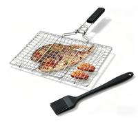QH7 Bol de barbecue en acier inoxydable - Panier de barbecue pliable pour poisson et légumes - Panier d'accessoires inoxydable avec sac Oxford et 1 brosse en silicone