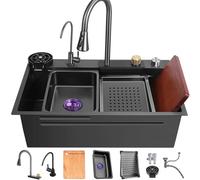 QHLIANGL Évier de Cuisine Cascade en Acier Inoxydable, évier de Cuisine Multifonctionnel à cuve Unique avec Accessoires (Couleur : Noir, Dimensions : 68 x 45 cm)