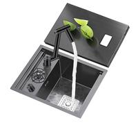 QHLIANGL Évier de Cuisine Noir à cuve Unique, évier encastré en Acier Inoxydable, évier sous comptoir pour Petit Camping-Car, Cuisine, Bar, préparation avec Couvercle, Robinet Rabattable (Noir B)
