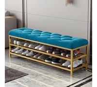 QHLMLL Banc à chaussures en métal avec siège en velours de grande capacité de rangement pour entrée, meuble d'appoint moderne pour couloir, bleu, 80 x 35 x 46 cm