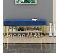 QHLMLL Banc de rangement à chaussures capitonné en velours avec étagère à chaussures en métal 2 étagères Bleu Idéal pour bout de lit, entrée, salon