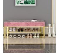 QHLMLL Banc de rangement à chaussures rembourré en velours avec 2 étagères - Étagère à chaussures en métal bleu pour bout de lit, entrée, salon - Banc élégant pour rangement et présentation de