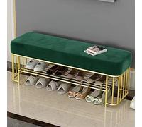 QHLMLL Banc de rangement à chaussures rembourré en velours avec étagère à chaussures en métal 2 étagères pour bout de lit, entrée, salon, rangement bleu