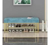 QHLMLL Banc de rangement à chaussures rembourré en velours avec étagère à chaussures en métal 2 étagères pour l'organisation des chaussures, banc bleu pour bout de lit, entrée, salon