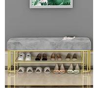 QHLMLL Banc de rangement à chaussures rembourré en velours avec étagère à chaussures en métal et 2 étagères Bleu Idéal pour bout de lit, entrée, salon, solution de rangement élégante et fonctionnelle