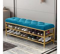 QHLMLL Étagère à chaussures d'entrée en métal, banc de rangement de luxe rembourré de grande capacité avec siège en velours, banc à chaussures moderne pour couloir, meubles décoratifs, bleu, 60 x 30 x