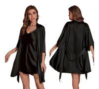 QHMMDCN Peignoir Satin Pyjama d'été en satin de soie glacée for femme, ensemble deux pièces, robe soyeuse à bretelles, chemise de nuit fine, vêtements de maison(Black,S)