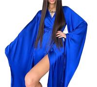 QHMMDCN Peignoir Satin Robe longue sexy à manches évasées for femme, couleur unie, col en V, à nouer, ample, décontractée, confortable, vêtements de nuit(Royal Blue,L)