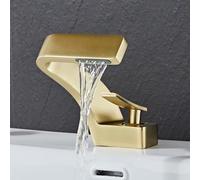 QHQQXN 2239 Robinet Cascade doré brossé, mitigeur Chaud Froid de Salle de Bain, Robinet de lavabo en cuivre avec Valve en céramique, Installation monotrou, Conception économe en Eau pour hôtels