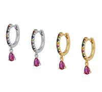 QHQQXN 2pcs 925 Sterling Silver Pendientes Bling CZ Rainbow Zircon Hoop Boucles d'oreilles pour fiançailles Cadeau d'anniversaire Bohême Fine Boucles d'oreilles Bijoux yc626 (Gem Color :