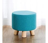 QHQQXN Blue Round Foot Stool - Linen Upholstered Vanity & Shoe Change Stool with Wooden Legs for Bedroom & Living Room - 28x28x25cm Stylish Footrest for Comfort & Decor