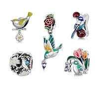 QHQQXN Breloques Fleur et Oiseau en Argent Sterling 925, Pendentif Pluie de Perles, Convient aux Bracelets et Bracelets Serpent pour Femmes. Bijoux de Printemps, Ensembles d'oiseaux Fleuris pour