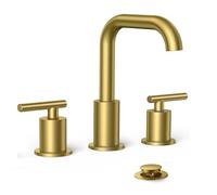 QHQQXN Robinet de Salle de Bain 3 Trous Or brossé, 2 poignées, robinets de lavabo de Salle de Bain largement répandus de 8 Pouces, Bec pivotant à 360°, avec bonde escamotable et tuyaux, pour vanité,
