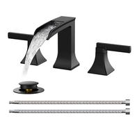 QHQQXN Robinet de Salle de Bain Cascade en Laiton pour évier 3 Trous, 2 poignées carrées de 8 Pouces, Robinet de Salle de Bain Noir Mat largement répandu avec bonde escamotable et tuyaux Flexibles