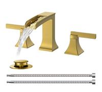 QHQQXN Robinet de Salle de Bain Cascade en Or brossé, 3 Trous, Robinet à Deux poignées en Laiton doré pour lavabo de Salle de Bain largement répandu 8 Pouces avec bonde escamotable en métal et Tuyau