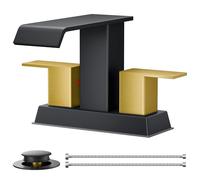 QHQQXN Robinet de Salle de Bain Central à Cascade carrée, 3 ou 2 Trous pour 4 Pouces Noir Mat et Or, Robinet d'évier de Salle de Bain à 2 poignées avec bonde escamotable en métal et Tuyau pour