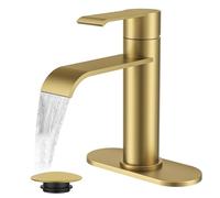 QHQQXN Robinet de Salle de Bain en Or brossé, Robinet Cascade monotrou pour lavabo de Salle de Bain 1 Trou avec Plaque de Pont, Robinet de lavabo doré à poignée Unique avec bonde Pop-up et Tuyau CUPC