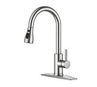 QHQQXN Robinets de Cuisine avec pulvérisateur extractible, Nickel brossé, Robinet d'évier Classique à poignée Unique en Acier Inoxydable à Arc élevé 1 ou 3 Trous, adapté pour Camping-Car de Ferme,