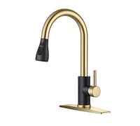 QHQQXN Robinets de Cuisine avec pulvérisateur extractible, Robinet d'évier Classique à poignée Unique en Acier Inoxydable, 1 ou 3 Trous, adapté pour Camping-Car, buanderie, Bar, Noir et Or