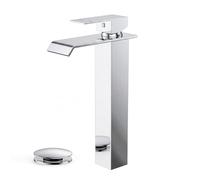 QHQQXN Robinets de lavabo de Salle de Bain 1 Trou chromé, Grand Robinet de Salle de Bain Cascade à poignée Unique avec bonde escamotable et conduites d'alimentation pour évier intestinal, Montage