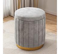 QHQQXN Velvet Footstool with Storage Round Upholstered Vanity Stool Cozy Foot Rest for Couch Grey 34x34x44cm (13x13x17in) Perfect for Living Room & Bedroom