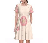 QHZLY Little Pink Cherry Blossoms Robe d'été décontractée à manches courtes pour femme Motif floral, Noir , M