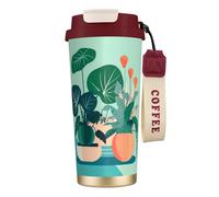 QHZLY Tasse à café en acier inoxydable 316 avec motif de plantes vertes en pot - Rouge - Grand gobelet de voyage isotherme pour bureau, maison, voiture